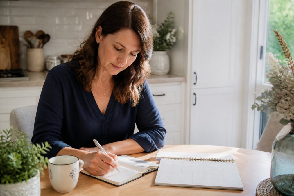 A woman tracks perimenopause symptoms by logging daily health data in a diary beside her kitchen calendar.
