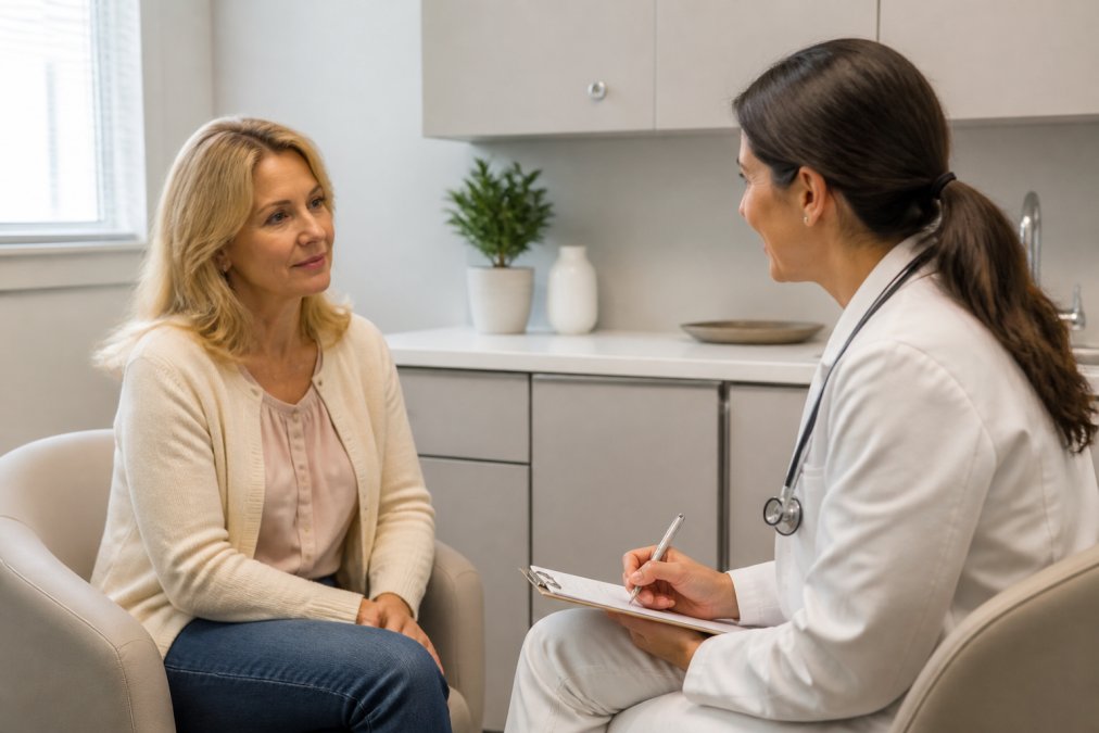 A woman in her mid-forties sitting comfortably in a bright, modern consultation room, speaking with a female doctor who is taking notes. Both appear engaged and at ease. Natural light, soft neutral tones, professional healthcare setting.