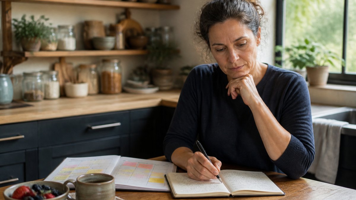 Woman in her mid-40s sitting at a desk with a calendar and health journal visible, reviewing notes while looking thoughtful, natural window lighting illuminating her workspace