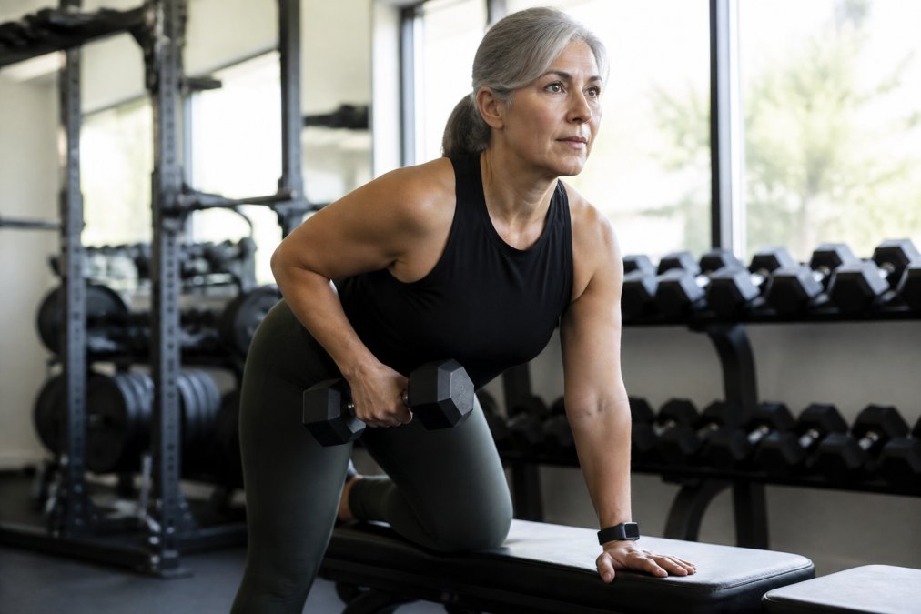 Woman in her 50s performing a dumbbell exercise with proper form in a bright, modern gym setting with natural lighting and confidence