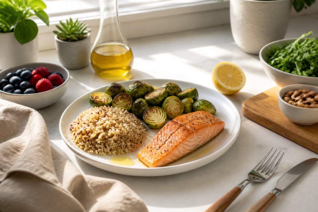 Colorful plate of nutrient-dense foods including grilled salmon, roasted Brussels sprouts, quinoa, and olive oil on a bright kitchen counter with natural morning light