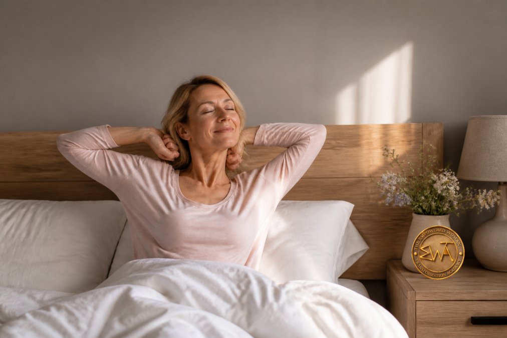 Woman relaxing in bed with morning light streaming through the window, appearing calm and well-rested, in a peaceful bedroom environment