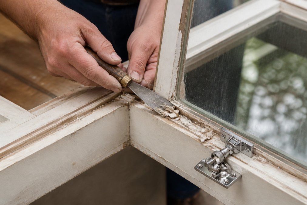 Professional craftsperson carefully removing old putty glazing from a timber sash window frame using traditional hand tools, showing intricate restoration detail work in natural workshop lighting