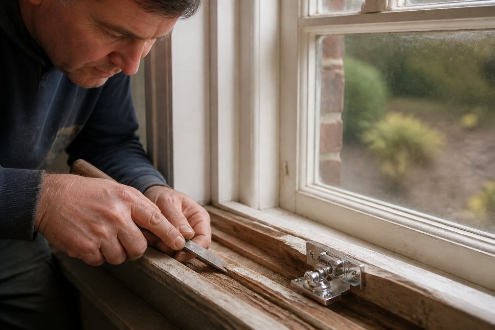 Skilled joiner working on a timber sash window frame, carefully repairing deteriorated wood and preparing for restoration, showing detailed craftsmanship with traditional hand tools in natural light