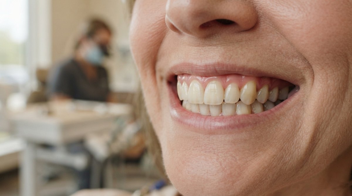 Close-up of a patient's smile showing healthy gumline with pink tissue meeting tooth structure, illustrating normal periodontal anatomy in natural clinic lighting