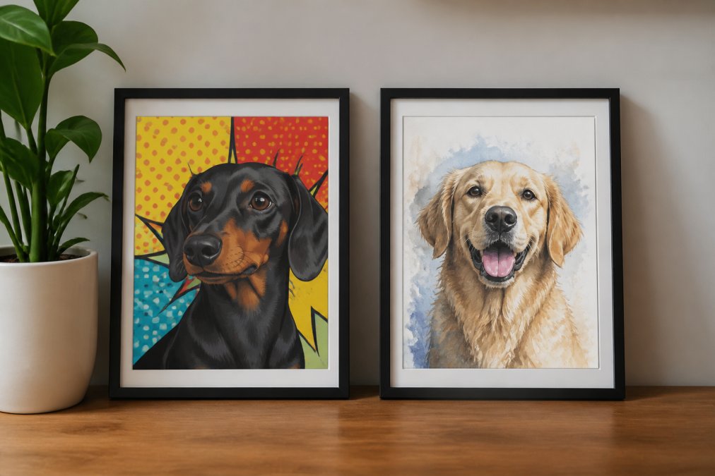 A stylish living room shelf displaying two framed custom pet portraits, one in a bold pop-art style and one in a classic watercolor style, next to a small plant