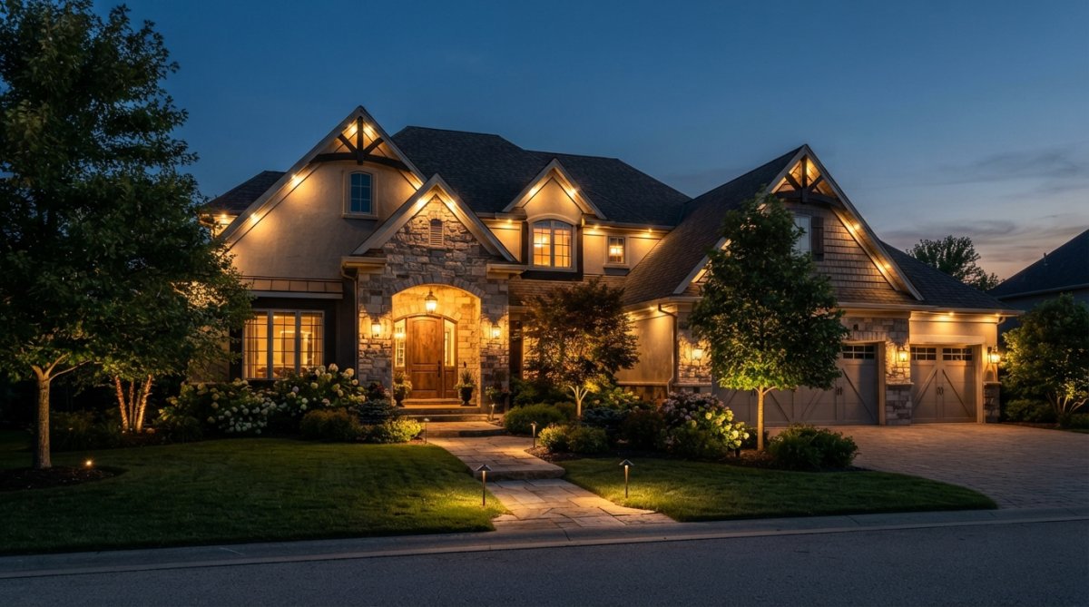 Residential home at dusk with warm architectural lighting highlighting the roofline, entryway, and landscape features, showing the home's curb appeal and architectural details illuminated