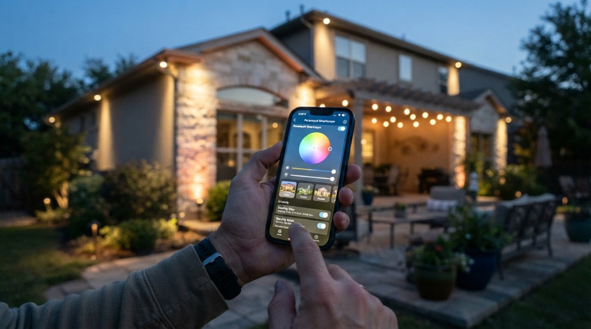 Homeowner's hand holding a smartphone displaying an outdoor lighting control app with color options and scheduling settings, showing the system interface in use