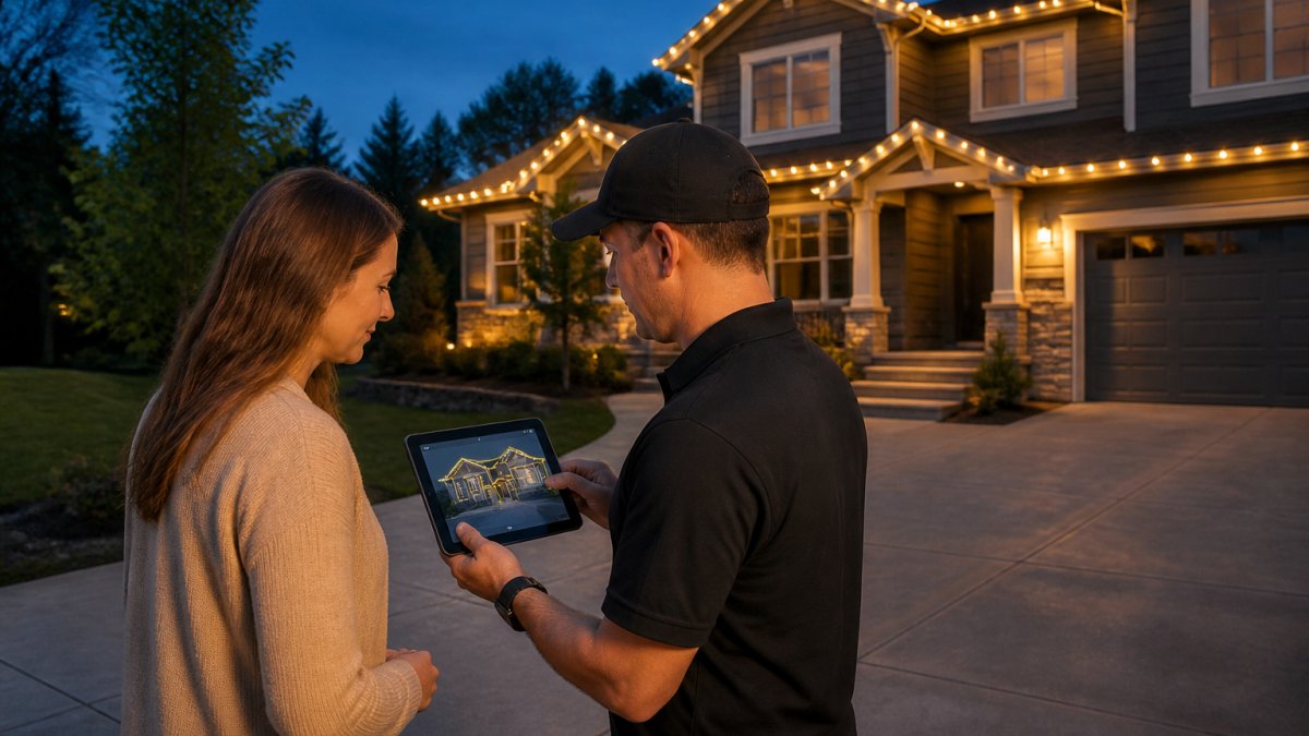 A homeowner and an installer standing on a driveway at dusk, reviewing a tablet with a roofline diagram while a two-storey house with permanent LED track lighting glows behind them