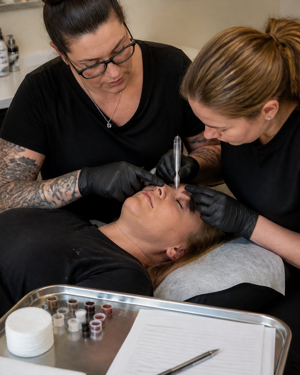 Master instructor guiding a student during permanent makeup certification training on a live model