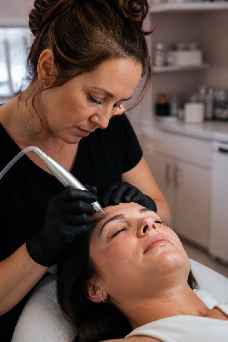 Professional demonstrating permanent makeup removal technique with specialized device being applied to skin during treatment session in clinical setting with proper lighting