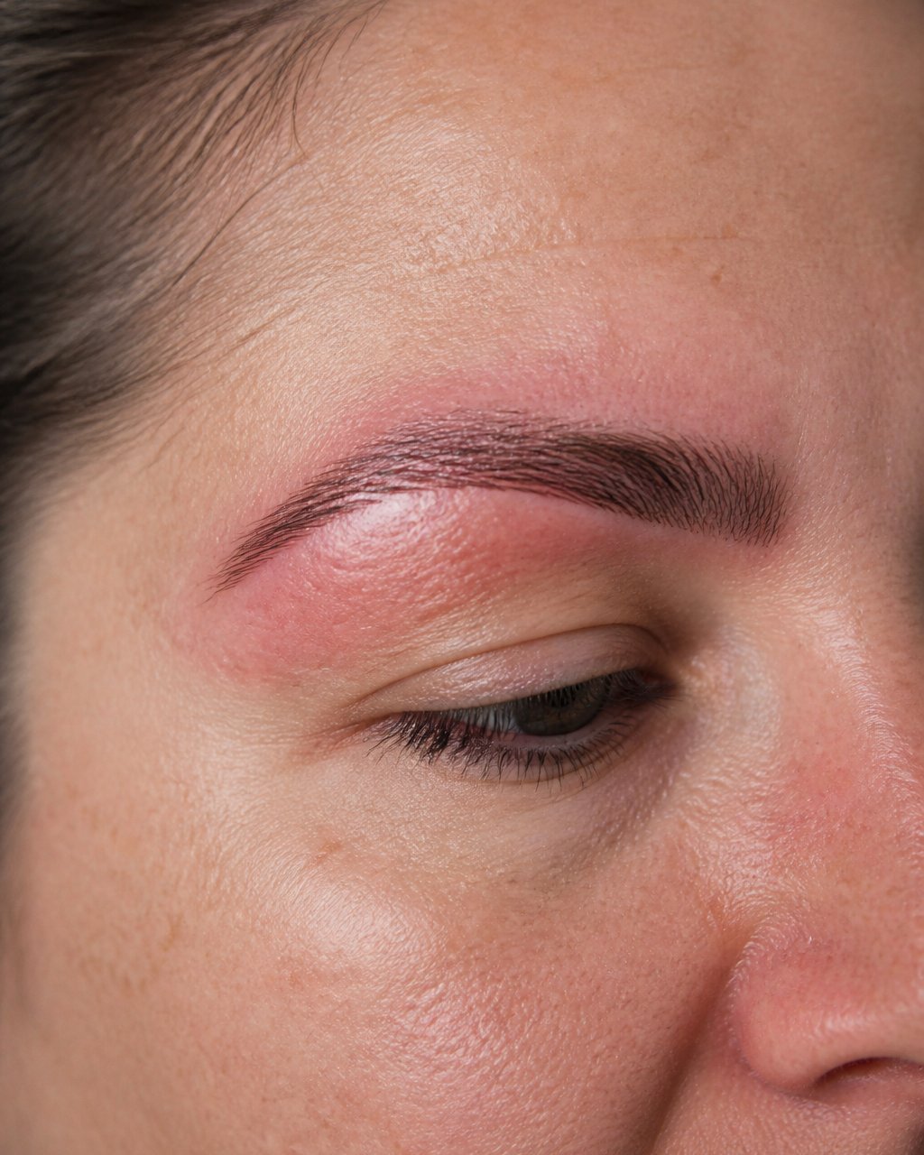 Close-up of a person's eyebrow area showing mild redness and swelling during the healing phase after a procedure, with natural lighting to show skin texture clearly