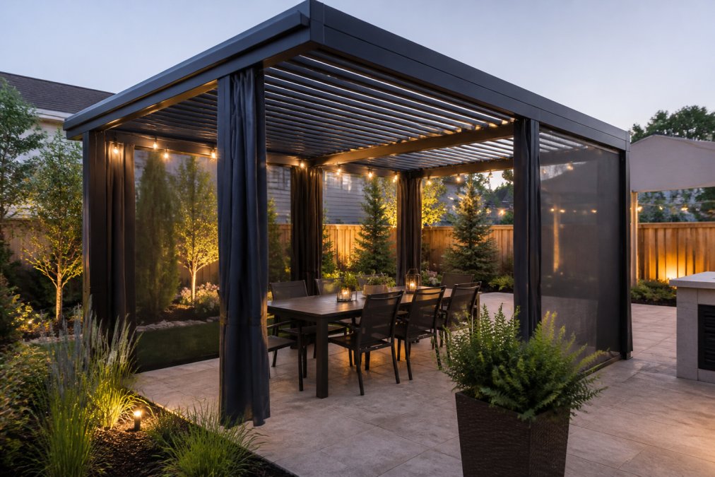 Diagram of a louvered pergola design for permanent outdoor living featuring adjustable roof and privacy curtains