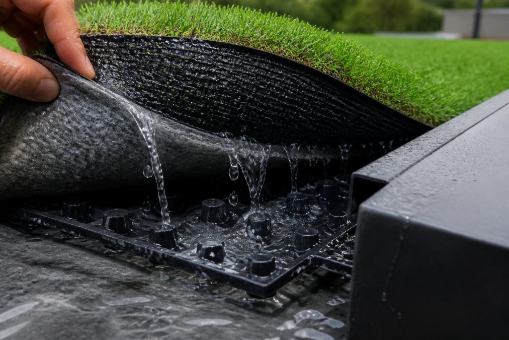 Close-up view of water draining through permeable turf backing material on a rooftop deck, showing water flowing through geotextile fabric and drainage system