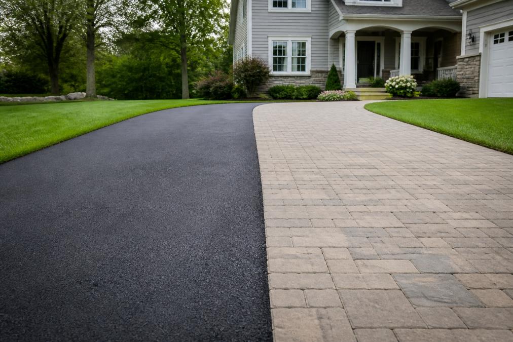 A residential driveway split between a smooth black asphalt surface and an interlocking permeable paver surface, with green lawn and a house in the background, natural daylight