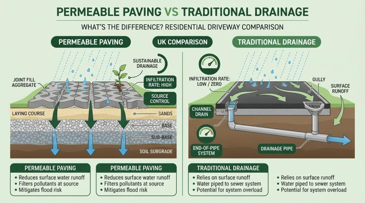 Close-up view of permeable block paving surface with visible gaps between blocks, water droplets visible on the surface showing infiltration on a residential driveway