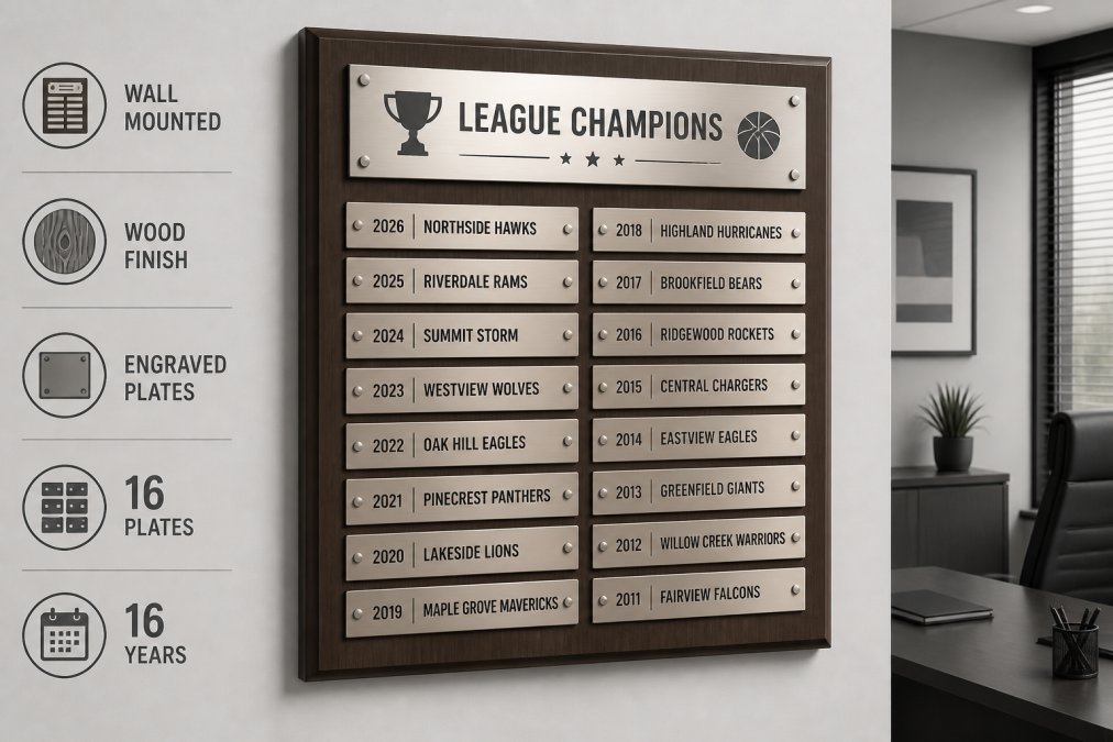 Professional wall-mounted perpetual plaque with multiple engraved brass name plates displayed in an office environment, showing championship winners' names arranged in rows on a wood-finish backing, natural office lighting