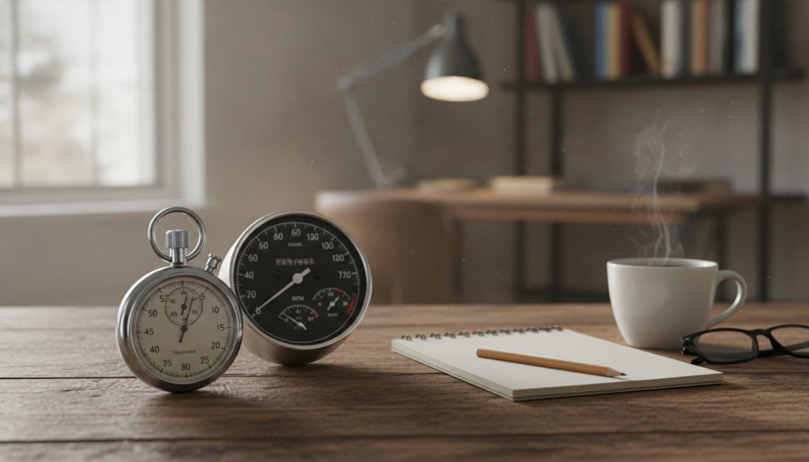 A marketing professional analyzing website analytics and AI citation data on a laptop at a clean modern desk, a notepad with handwritten notes and a coffee cup nearby, warm natural light from a window