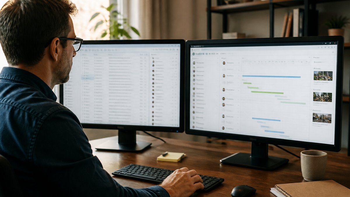 Project manager comparing cluttered email attachments with a clean dashboard for persistent link sharing.