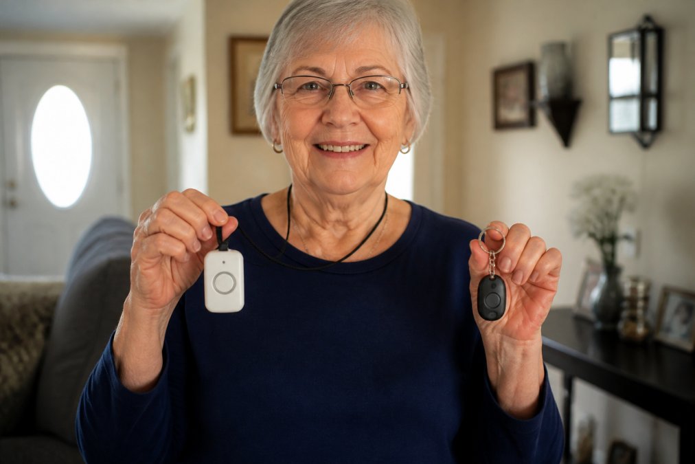 Elderly person holding a direct-to-911 medical alert pendant in one hand and a compact keychain alarm in the other, standing in a bright home environment showing the size difference between connected and unmonitored devices