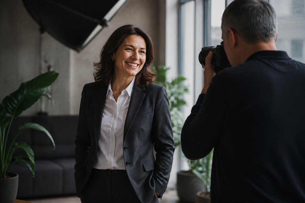 Professional entrepreneur in well-fitted charcoal business blazer and crisp white shirt, positioned in modern bright studio with soft natural window lighting, displaying confident posture and authentic expression