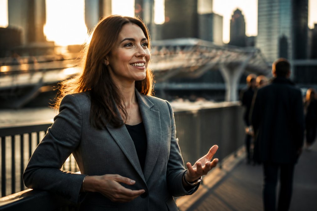 Business professional in tailored blazer positioned outdoors in modern urban setting with architectural elements, natural golden-hour lighting creating warm tones, engaged in natural pose suggesting approachability and leadership