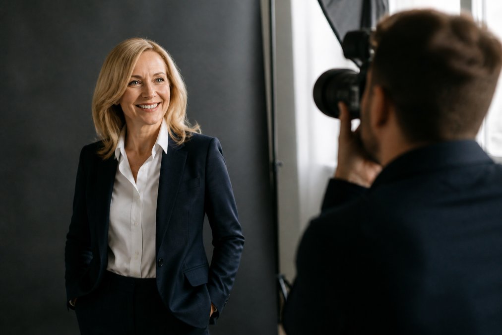 Professional entrepreneur in well-fitted navy blazer and white shirt against neutral studio backdrop, demonstrating polished wardrobe choices for personal branding photography with confident posture and natural lighting