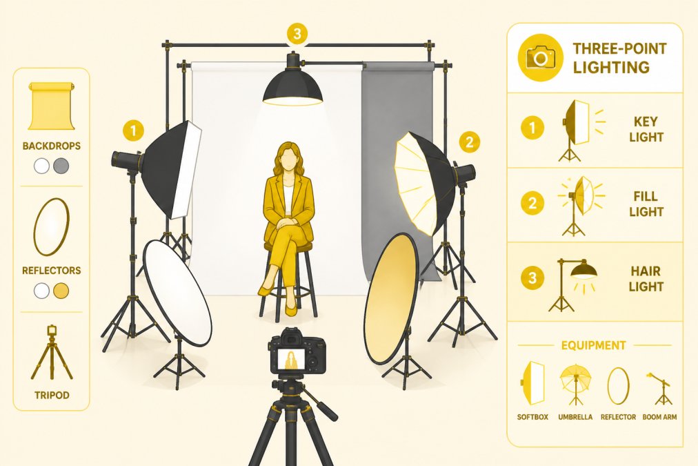 Professional photography studio setup with controlled three-point lighting system, white and grey backdrops, reflectors, and tripod arrangement showing technical environment for capturing personal branding imagery