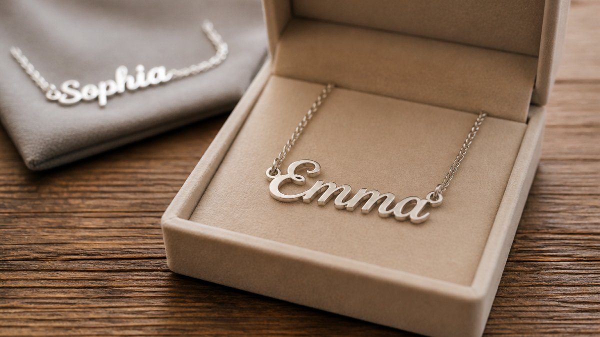 Polished stainless steel name necklace in a gift box next to another blurred piece on a wooden table