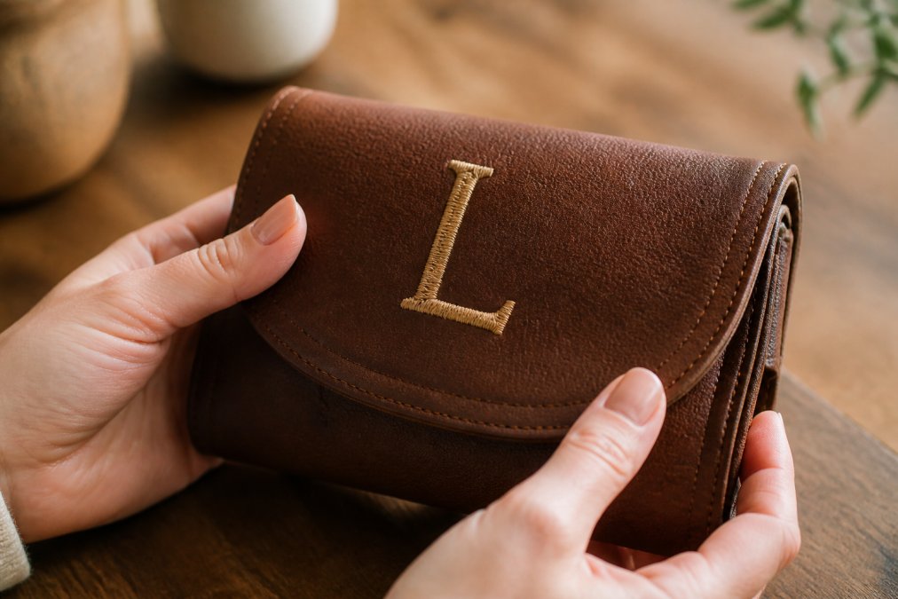 Close-up of hands holding a personalized monogrammed leather item, showing detailed embroidery stitching with warm natural lighting from a studio window