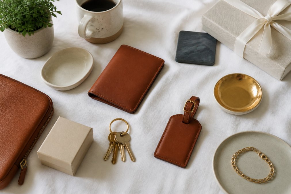 Overhead view of high-quality personalized gifts arranged on a white linen surface, showcasing fine leather, polished metal, and premium ceramic materials with soft diffused lighting