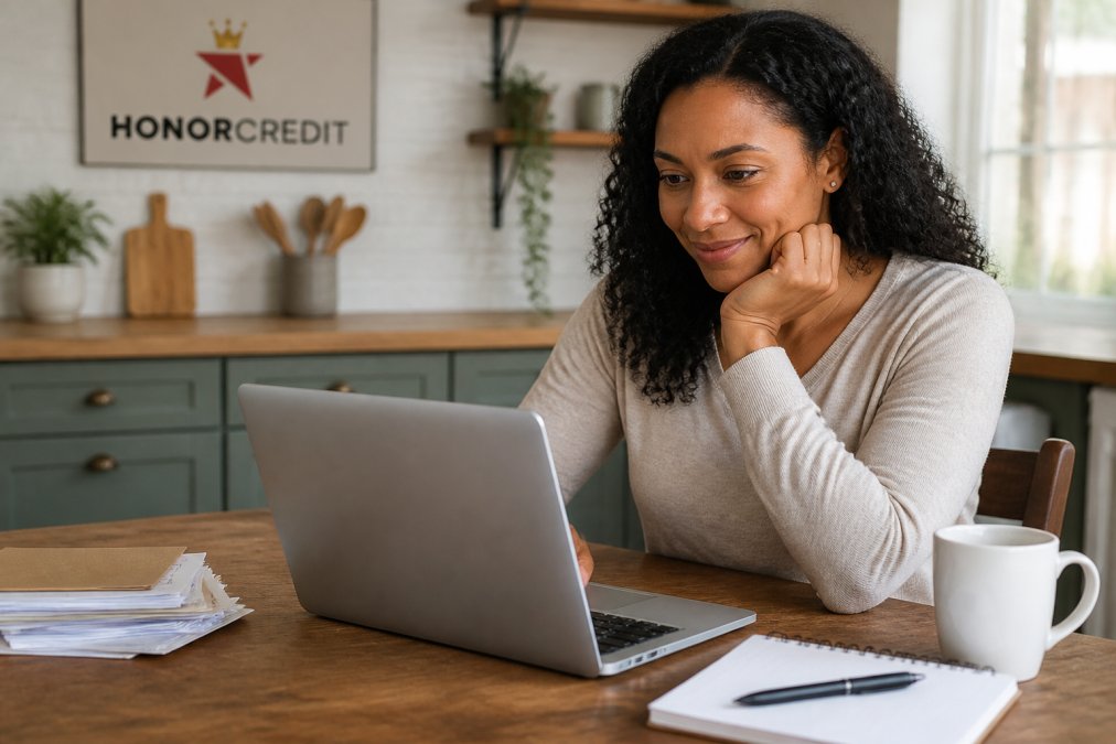 A person reviewing a credit report on a laptop at a kitchen table with a coffee mug and notepad, looking focused and relieved