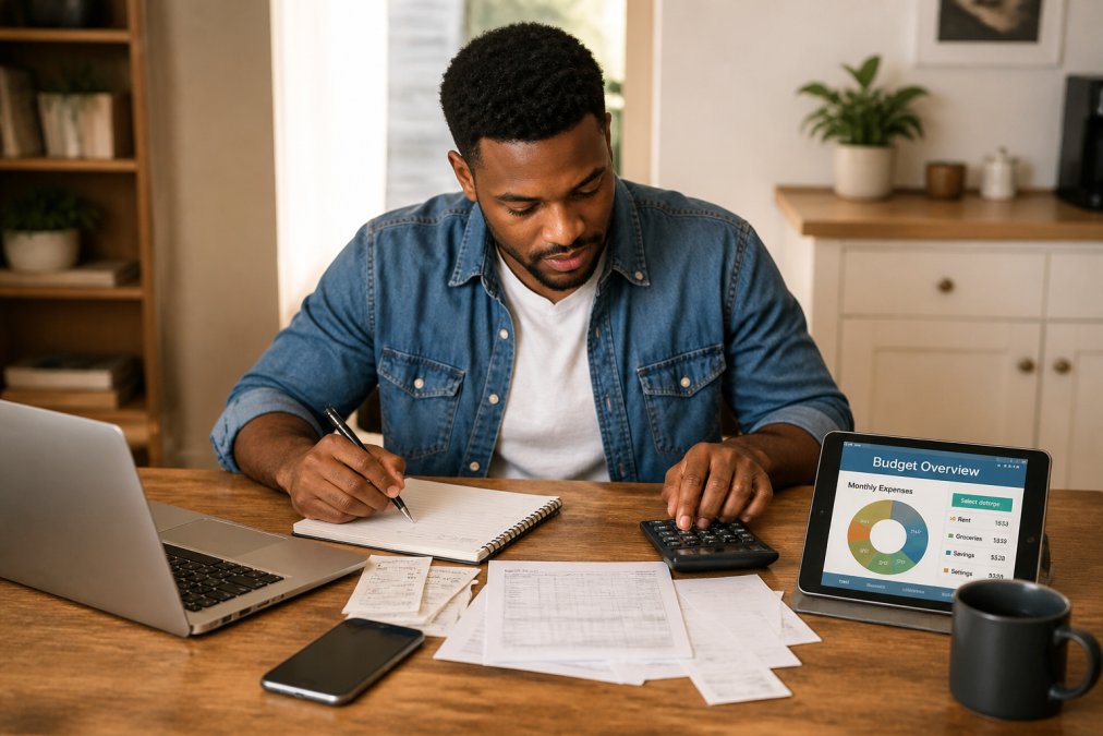 Adult sitting at a desk with a notebook and calculator, reviewing bills and financial documents with focused concentration