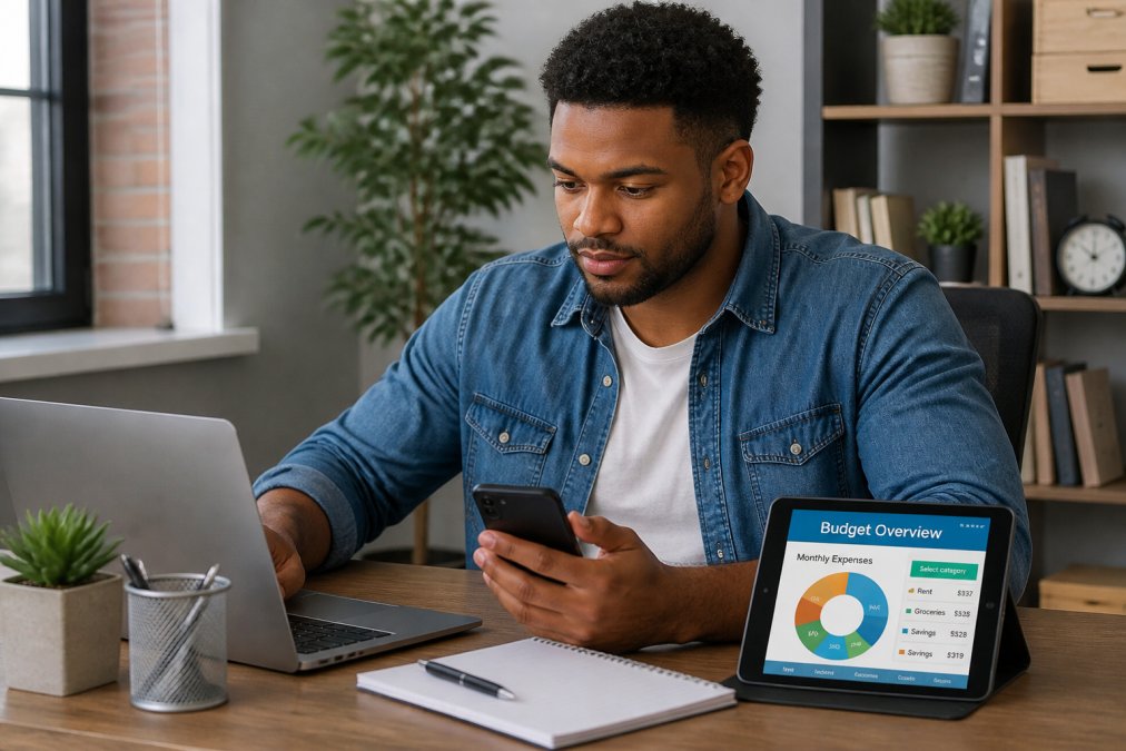 Young professional using a smartphone and laptop to check banking app and track expenses in a home office setting