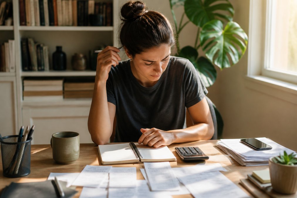 Person sitting at a desk with a notebook and calculator, reviewing monthly expenses and income with a focused expression, natural afternoon light streaming through a window
