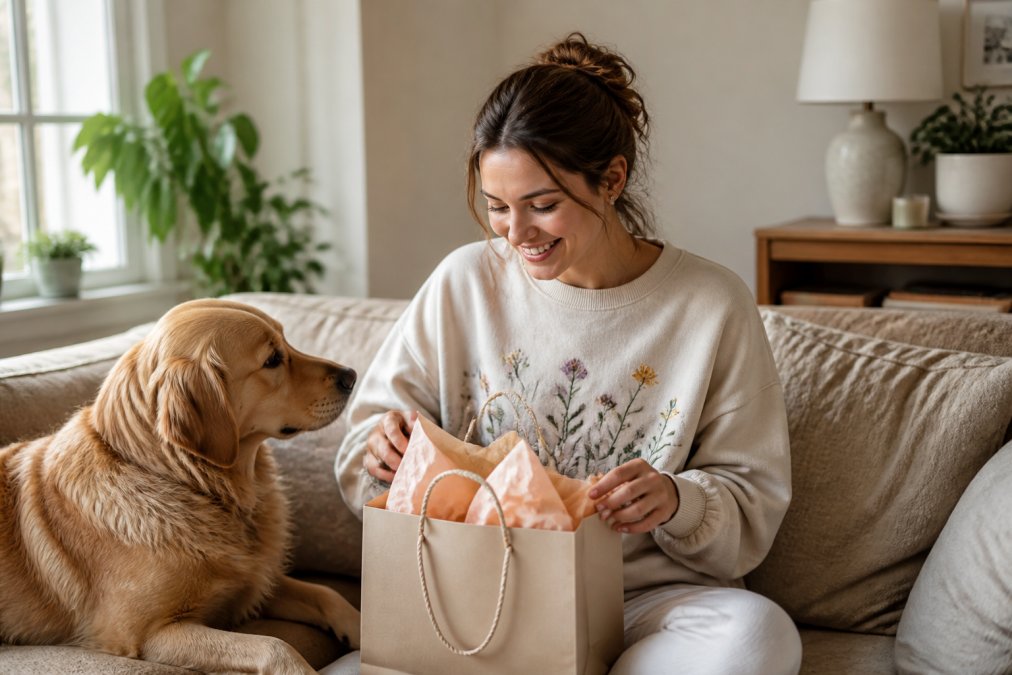 Woman in an embroidered crewneck sweatshirt smiling on a couch with her dog while holding a gift bag