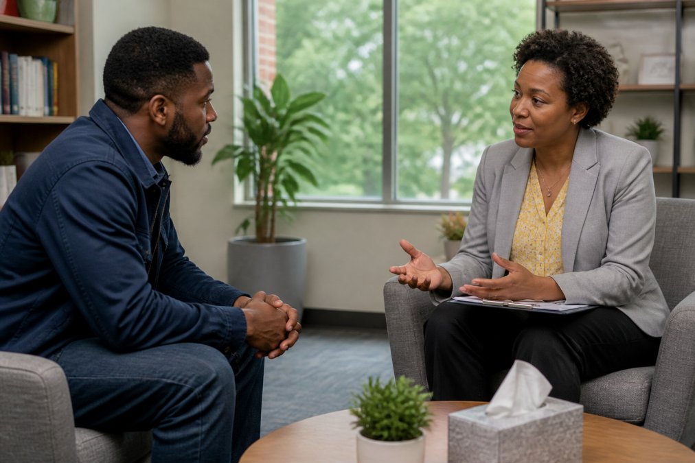 A supportive coach and a recently released individual sitting across from each other, having a focused conversation in a bright, welcoming office setting with natural window light
