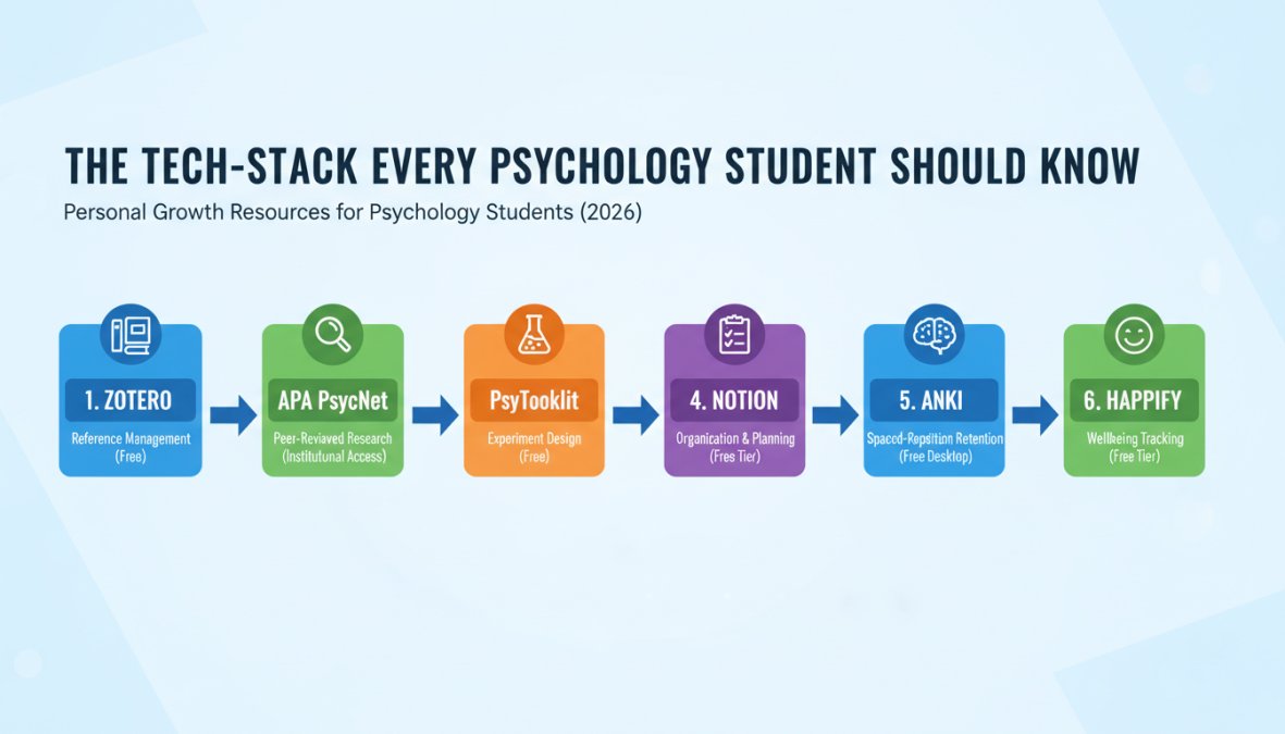 Flowchart diagram showing a psychology student's recommended tech-stack with 6 connected tools: Zotero (reference management, free) → APA PsycNet (peer-reviewed research, institutional access) → PsyToolkit (experiment design, free) → Notion (organization and planning, free tier) → Anki (spaced-repetition retention, free desktop) → Happify (wellbeing tracking, free tier), with arrows connecting each tool to its labeled primary use case