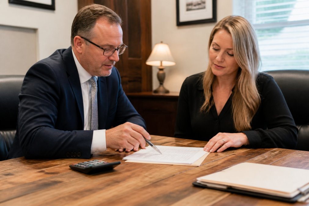 Attorney and client reviewing detailed fee agreement and case expenses document together at wooden desk with calculator and paperwork visible, natural office lighting