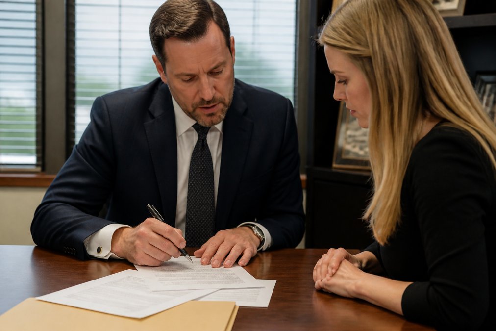 Professional in business attire holding pen, reviewing contract terms with focused expression at wooden desk with multiple documents