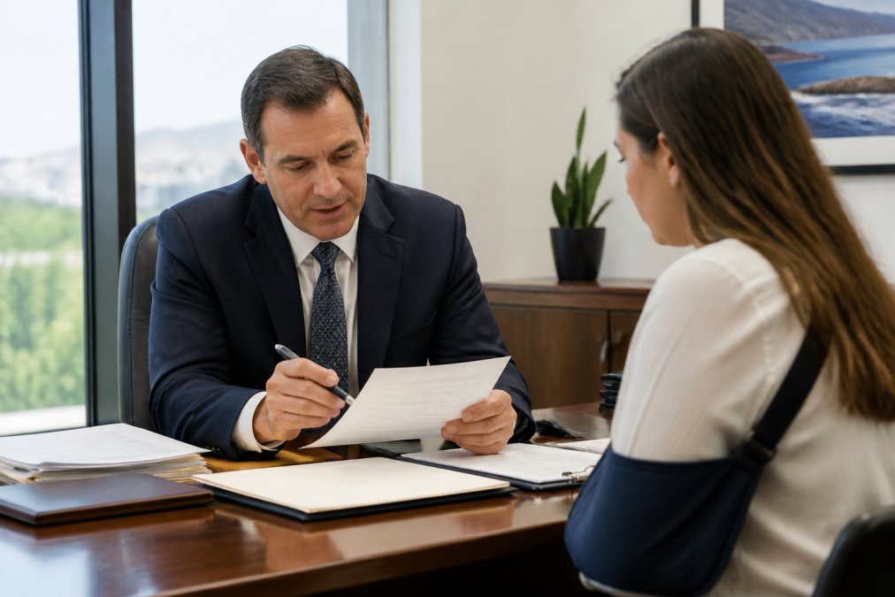 Attorney meeting with injured client in professional office setting, reviewing settlement documents and case files across desk with natural lighting