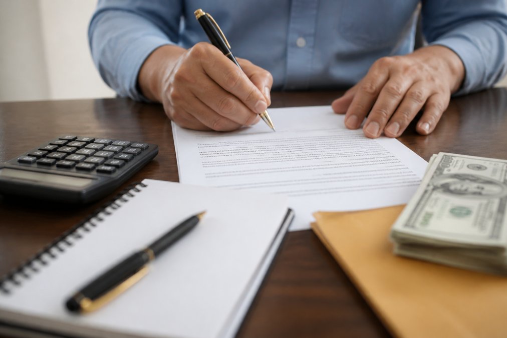 Close-up of hands signing contingency fee agreement contract on desk with pen and legal documents visible