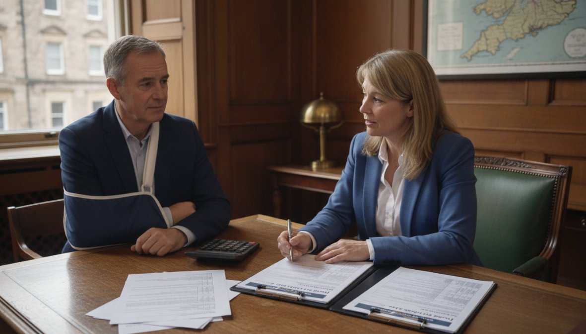 Scottish solicitor reviewing personal injury claim documents and medical records with a client in a professional office setting, natural light from windows