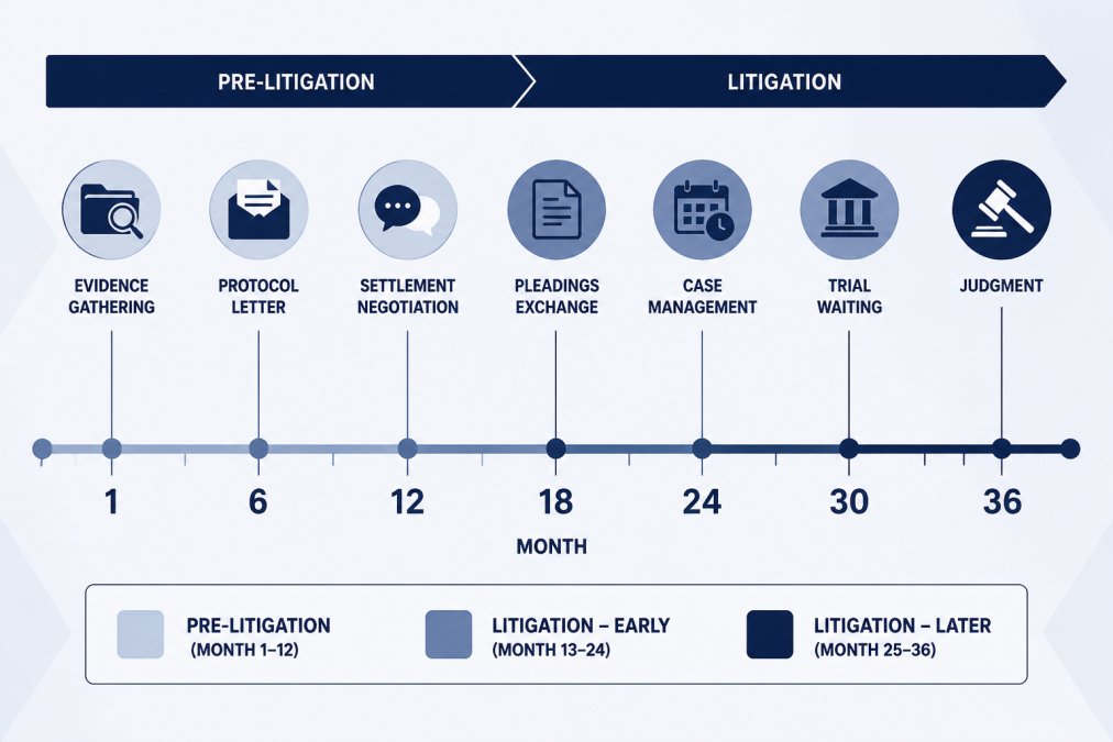 Timeline infographic showing Month 1 through Month 36, with key milestones marked for pre-litigation (evidence gathering, protocol letter, settlement negotiation) and litigation phases (pleadings exchange, case management, trial waiting, judgment), colour-coded by phase