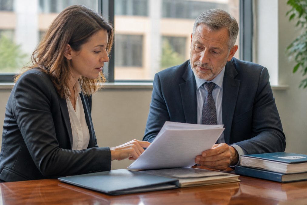 Professional solicitor and client reviewing medical records and evidence documents at desk in modern office with natural light