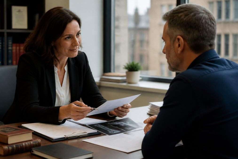 Legal professional and client meeting at desk reviewing claim documents, with medical records and settlement papers visible in modern law office
