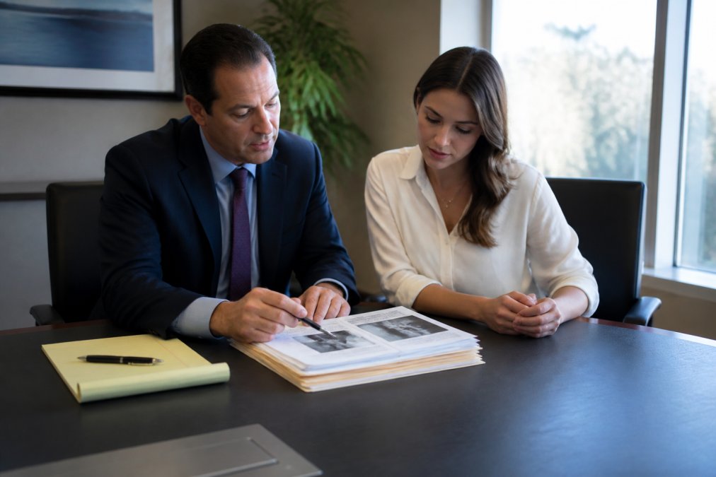 A lawyer and client reviewing medical records together at a conference table, with a yellow legal pad and pen beside them, natural window light in a professional law office