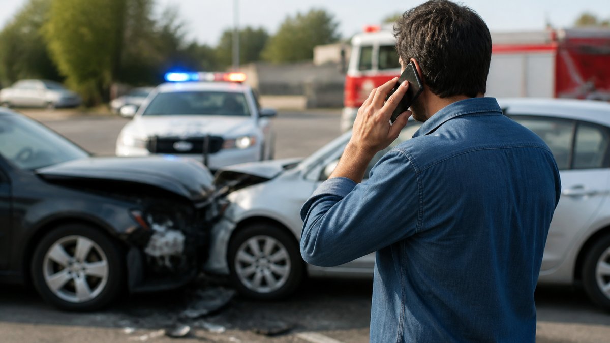 Person on phone at accident scene with damaged vehicles and emergency lights visible in background, showing immediate aftermath documentation