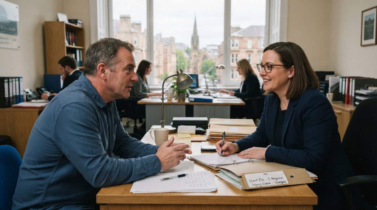 Professional solicitor in modern Glasgow office consulting with client at desk with law books and case files visible, conveying trust and expertise