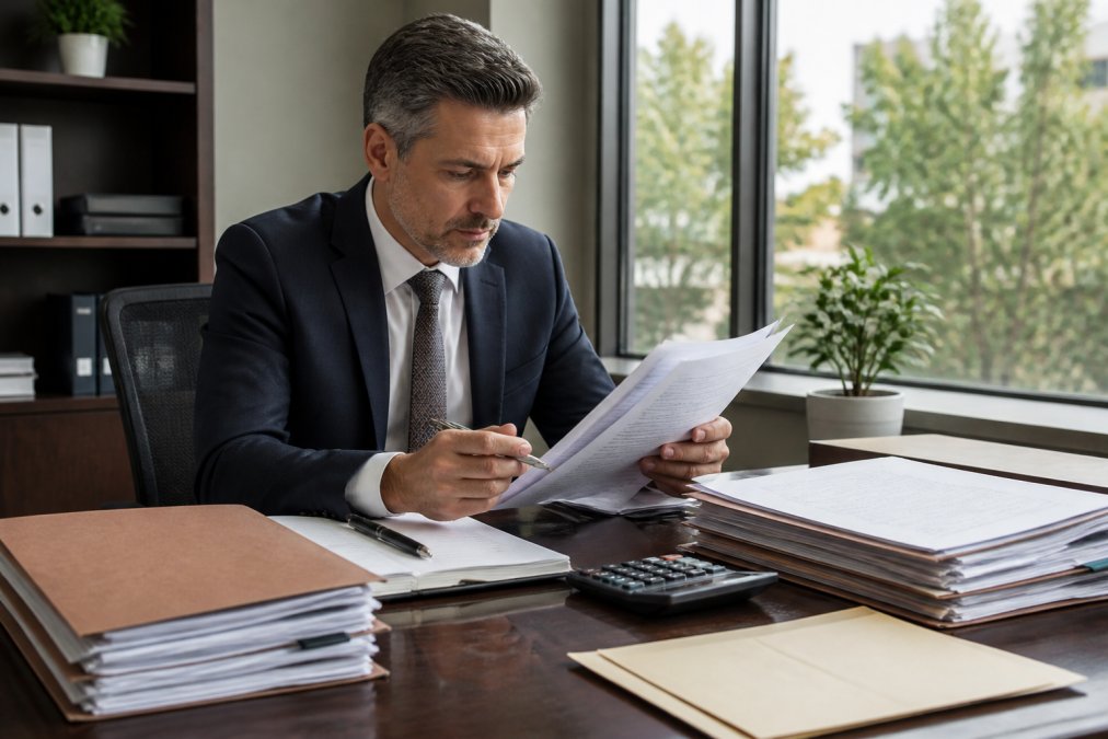 Professional insurance adjuster in business attire reviewing medical records and claim documents at a desk with calculator, laptop, and organized case files in a modern office setting with natural window lighting